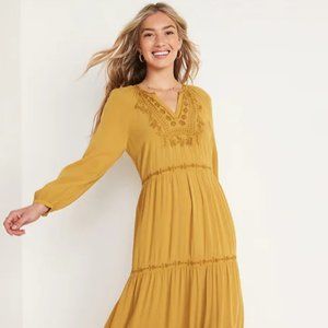 Embroidered Tiered-Hem Swing Dress